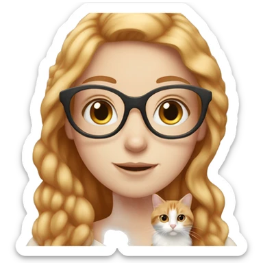 White skin strawberry-blonde haired girl with glasses holding long-haired calico cat sticker