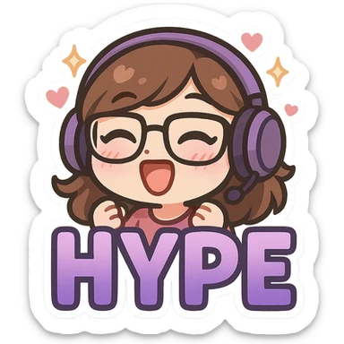 Make the HYPE letters a purple gradient and add extra cute details to the emote, such as sparkles, hearts, or blush, while keeping the chibi style, purple headset, and glasses. Transparent background. sticker