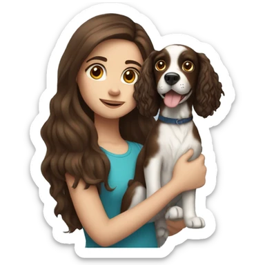 long hair brunette girl with blue eyes and a spaniel dog in her hands sticker