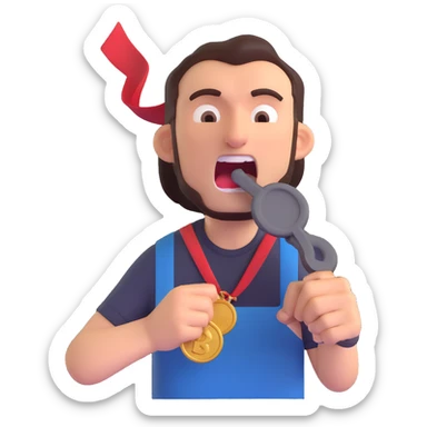 a man trying to bite an iron medal, expressive, clear action sticker