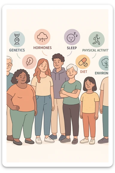 a diverse group of people of different body shapes, sizes, ages, and backgrounds stand together, each surrounded by floating icons representing factors like genetics, hormones, stress, sleep, physical activity, diet, medication, and environment. The mood is inclusive and informative, emphasizing that weight is influenced by many interconnected elements. sticker