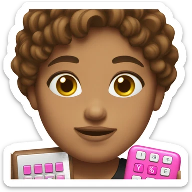Girl with brown hair holding one pink calculator sticker