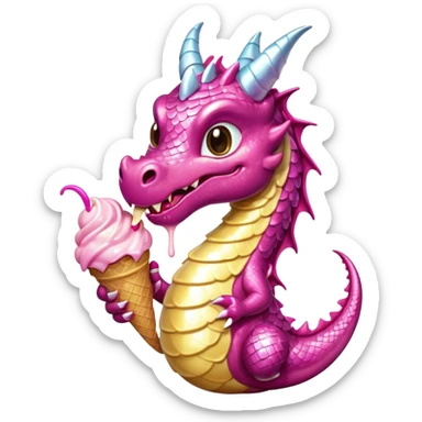 A shiny, glittery dragon in pink tones eats vanilla and chocolate ice cream sticker