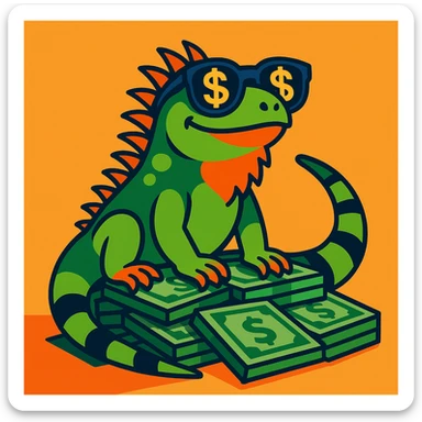 a green iguana with dollar sign sunglasses, sitting on a pile of cash, in a vibrant, playful style sticker