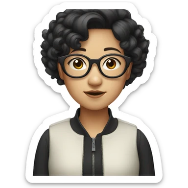 asian girl with curly black hair and round glasses sticker