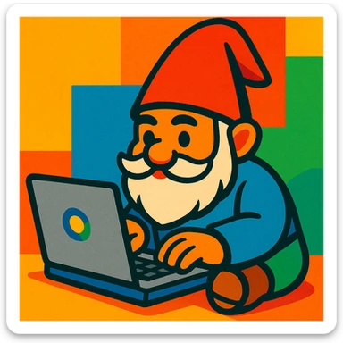 a gnome typing on a laptop, in a colorful, vibrant toon style sticker
