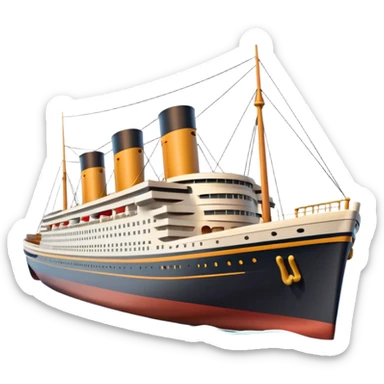 A 3D emoji of a Titanic ship in Apple style, glossy and smooth surface, bright clean colors with subtle shading, simple and minimal details, no face or expressions, floating on calm ocean, soft shadows, high-quality render, isolated on white background.


 sticker