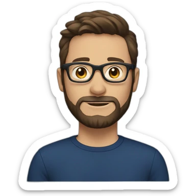 A man with short brown hair and Beard and round black glasses, wearing a dark blue shirt sticker