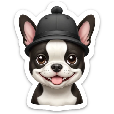 Boston terrier with a hat sticker