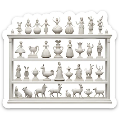 Icon for Porcelain Figurine Collecting: a collection of delicate porcelain figurines, such as animals, dancers, and historical characters, displayed on a shelf or in a display case. The icon should convey the elegance and artistry of collecting porcelain statues. Transparent background. sticker