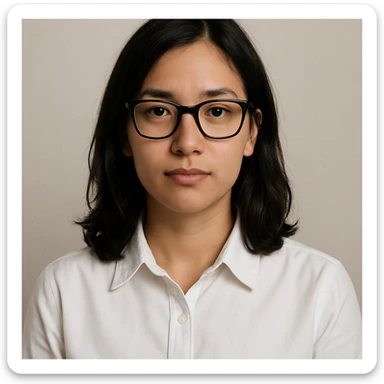 upper body portrait of a medium length black haired girl with black glasses, light tan skin, wearing a white collared shirt, neutral background sticker
