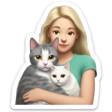 gray and white cat lies on girl's shoulder sticker