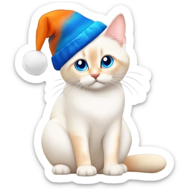 chubby flame point Siamese, white fur with orange accents and blue eyes wearing a Christmas hat ￼ sticker