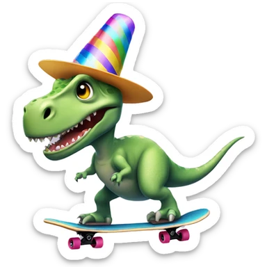 Dinosaur riding a skateboard with a party hat sticker