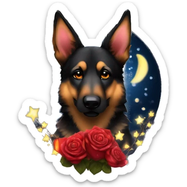 Bokeh Midnight starry night stars dark Brindled striped brindle black German shepherd fox carrying glowing red lantern, fairy lights, rose flower crown, bokeh lights, out of focus blur sticker