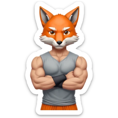 Człowiek z głową lisa, ma umięśnione ciało i złożone ręce. Groźna mina. Jest w kolorze szarym.  sticker