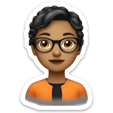 a girl wearing round white glasses, short black hair, wearing an orange shirt with a pointed collar sticker