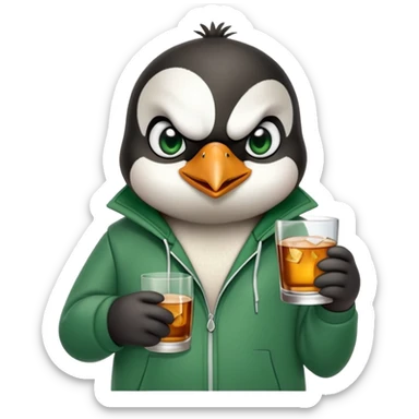 head and shoulders portrait of a friendly anthropomorphised penguin wearing a green mafia-style tracksuit, angry intense brooding expression, holding a glass of whiskey sticker