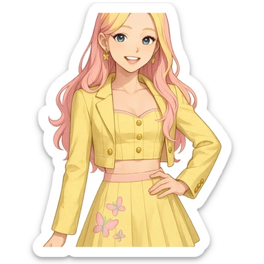 Fluttershy reimagined as a human K-pop idol, standing and smiling, transparent background sticker