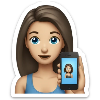 Brunette girl with hair attached to blue eyes with a phone in her hand sticker