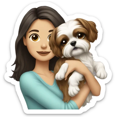 Young dark brunette hair woman with a golden shih tzu in her arms long hair sticker
