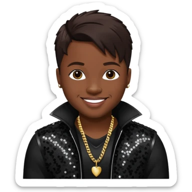 Nokio from Dru Hill with dark brown hair, black sequin outfit, dark skin sticker