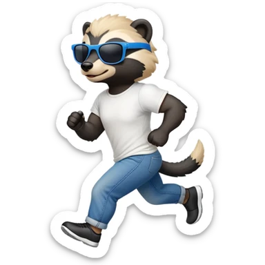 friendly anthropomorphised honey badger in jeans and a t-shirt, wearing sunglasses, jogging upright, standard pose sticker