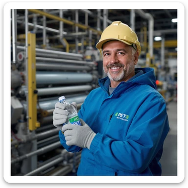 vertical realistic image of industrial process recycling PET plastic bottles into polyester clothes, showing bottles, industrial machinery, finished garments, clear details, professional atmosphere, aspect ratio 2:3 sticker