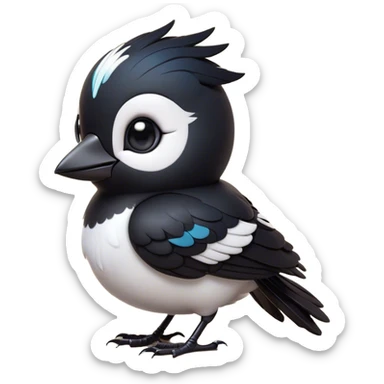 Cinematic Cute Magpie Portrait Emoji, Head tilted playfully and inquisitively, featuring a compact, elegant form with glossy, contrasting black and white feathers and round, sparkling eyes full of playful charm, Simplified yet irresistibly adorable features, highly detailed, glowing with a warm, inviting glow, high shine, affectionate and lively, stylized with a touch of whimsical urban flair, soft glowing outline, capturing the essence of a mischievous yet endearing magpie that seems as if it could flit out of the screen into your arms! sticker