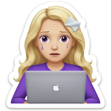 lady with long blonde wavy hair, purple top throwing her with a laptop looking defeated sticker