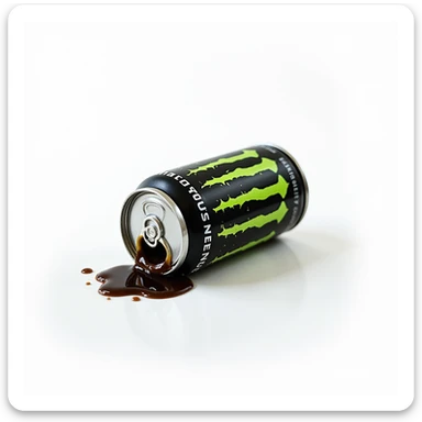 photorealistic monster energy drink can tipped over with liquid spilling, neon green branding, on a white background sticker