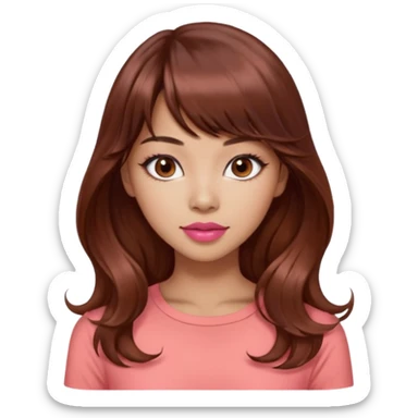 gorgeous woman, light tan skin, dark brown eyes, very long wavy auburn hair, bangs, pink top, coral lipstick, cool, model, mixed asian and latina sticker