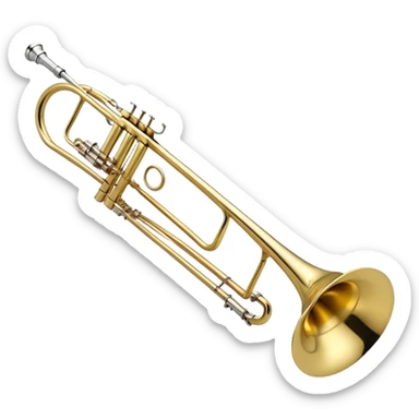 Create an elegant and detailed emoji representing the Bach Bb/F tenor trombone. The design should feature the smooth, shiny brass body of the trombone, showcasing its large, flared bell and curved tubing. Highlight the tuning slide with its polished metal finish, and the mouthpiece should be clearly visible. The trombone’s surface should have a gleaming brass tone with subtle silver accents around the mouthpiece and slide. Add a few musical notes or soundwaves emanating from the bell to emphasize the powerful sound of the trombone. Use golden and brass tones with reflective light effects to enhance the trombone’s professional and high-quality appearance. The background should be transparent. sticker