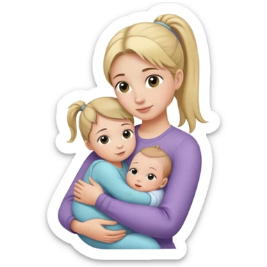 Big sister with ponytail carefully holding newborn baby while hugging younger sister sticker
