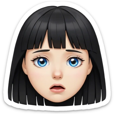 Girl crying wearing black with black medium length hair with bangs and blue eyes sticker