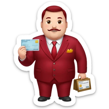 huge fat guy bold head in dark red velvet suit holding cheque sticker