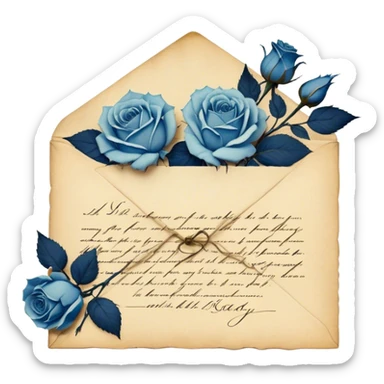 An antique handwritten letter with dried light blue roses and a navy wax seal, vintage aesthetic. sticker