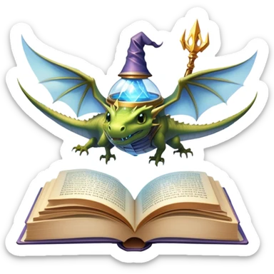 Icon for Fantasy and Sci-Fi Reading: an open book with magical creatures like dragons and fairies flying out, with a futuristic spaceship in the sky and a wizard casting spells. The icon should represent the magic and adventure of fantasy and science fiction worlds. Transparent background. sticker