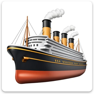3D Apple-style emoji of the Titanic ship with simplified shapes, cartoon-like look, glossy finish, soft shadows, white background, featuring four smokestacks, black hull, and white upper decks, recognizable key features sticker