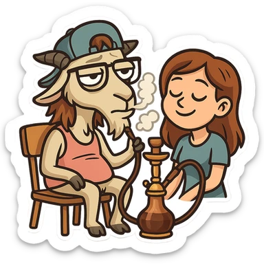goat for Telegram stickers inspired by reference https://attic.sh/feoducyurkpqwz0la088soao98sx: wearing a cap, glasses, mullet hairstyle, pink drunkard tank top, sitting on a chair, smoking hooka with a girl https://i.ytimg.com/vi/x9PRt8xgy7Y/hqdefault.jpg . transparent background  sticker
