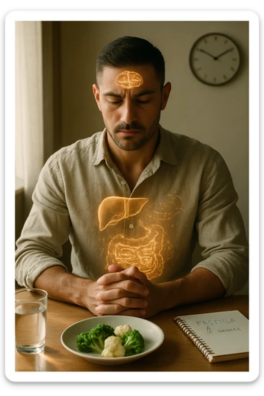 A cinematic close-up of a focused man in his mid-30s with slight beard and tired but determined eyes, sitting alone at a simple wooden table with an untouched plate of food in front of him. His hands are clasped, fingers interlocked in a meditative position over his lower abdomen, symbolizing willpower and internal balance. He wears a lightweight natural fiber shirt, sleeves rolled up. The lighting is soft and natural, early morning light coming from a nearby window. Around him, visual cues of cellular regeneration — faint glowing patterns subtly overlaying his body, especially near the liver, gut, and brain, suggesting autophagy and deep healing. The room is minimalist: a glass of water, a notebook with fasting hours, and a clock in the background ticking calmly. The tone is serene, intentional, and deeply introspective. Shot in 35mm cinematic style, warm highlights and clean shadows. sticker