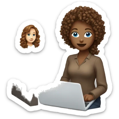 White women with the brown curly hair and blue eyes work at the laptop  sticker