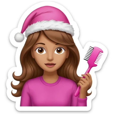 mujer peinandose en la peluqueria y con un gorro de navidad rosado, cabello largo café y ondulado sticker