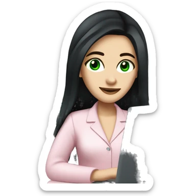 A pretty white girl with very long black hair and green eyes working on the computer in a light pink work attire sticker