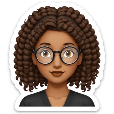 chica morena de ojos claros con gafas negras exagonales redondeadas. y pelo rizado castaño con todo el pelo recogido en una coleta .. Con todo el pelo recogido un clen look solamente una coleta sticker