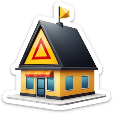 restaurant building with yellow warning triangle sign, caution sticker