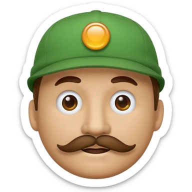 round emoji face with brown mustache and green cap with white circle emblem, 3D emoji style, 1:1
 sticker