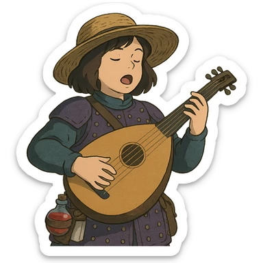 A female bard wearing brigandine armor with a sturdy straw hat, playing a fat medieval lute and singing, night time shadows, tool belt with red potion and bandages, portrait  sticker