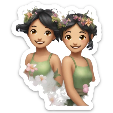 two fairies flying, beautiful, flowers in hair, smiling, aesthetic,asian girls sticker