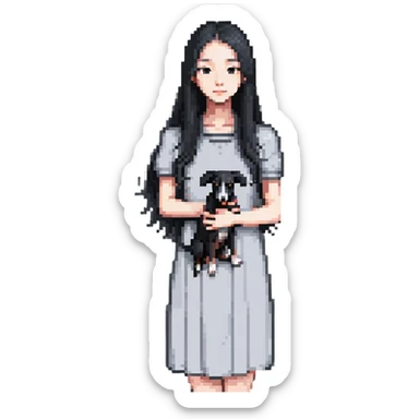 Slim Chinese girl with long black hair holding completely solid grey Italian greyhound with absolutely no white markings anywhere sticker